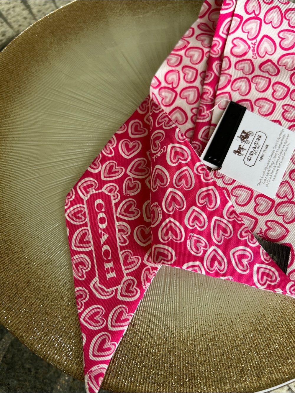 Coach Pink and White Heart-Print Pony Silk Twilly - Picture 2 of 4